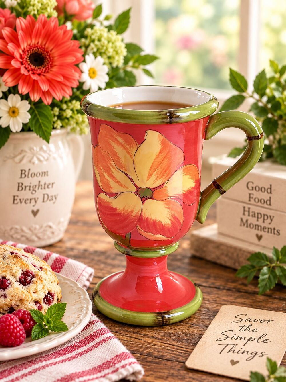 Raymond Waites CIC 12 Oz Coral Floral Pedestal Mug Hand Painted Footed Cup